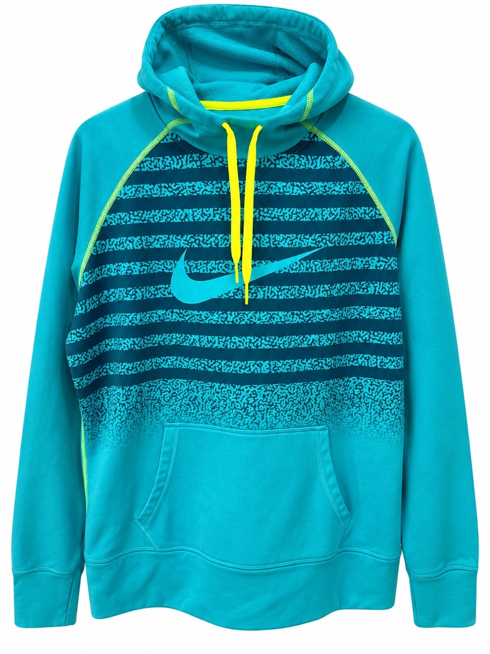 Nike Teal & Navy Striped Pullover Hoodie with Neon Yellow Drawcord